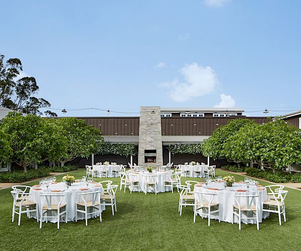 An outdoor setting with several round tables covered in white cloth, arranged on a lawn with greenery and a building in the background.