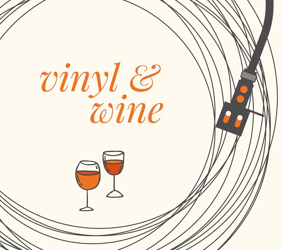 The image features a stylized vinyl record with a tonearm and two wine glasses, with text reading 