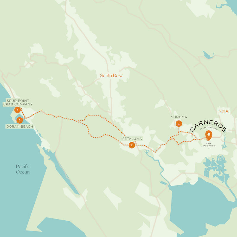 A map showing a route from the Pacific Ocean through Sonoma to Carneros with highlighted locations and dotted path.