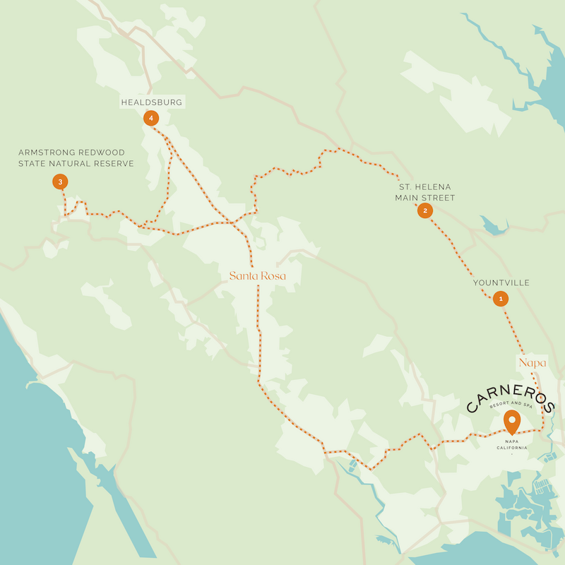 A map shows a route through Healdsburg, Armstrong Redwoods, St. Helena, Yountville, and Carneros in Sonoma, CA.