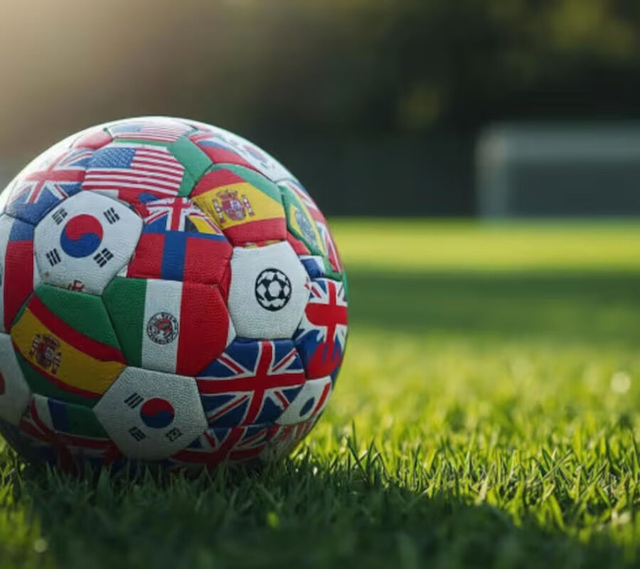 A soccer ball covered with various national flags rests on a grassy field, with a blurry goal in the background.