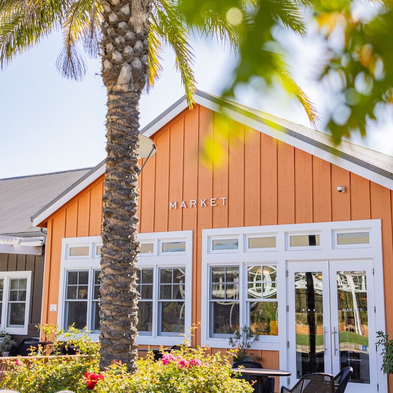 An orange building labeled 