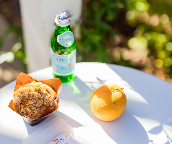 On a table: a muffin, packaged cookies, a grapefruit, and a bottle of sparkling water. Background shows greenery in sunlight.