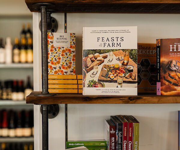A wooden shelf displays books, a metal jug, and a clock. Alcohol bottles are visible in the background on another shelf.