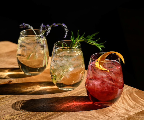 Three stylish cocktails on a wooden table, garnished with fresh herbs and citrus, elegantly lit against a dark background.