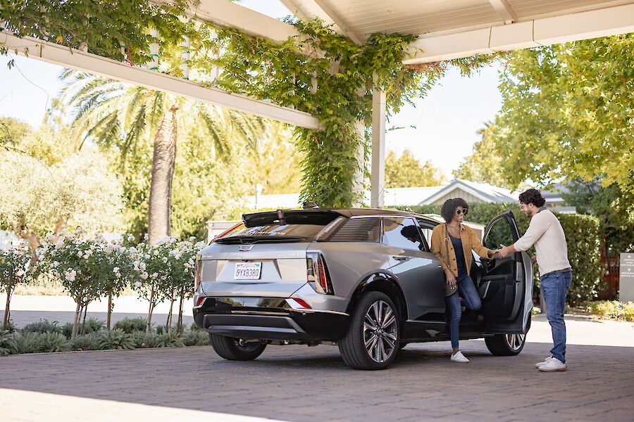 A person helps another out of a parked SUV under a canopy, surrounded by lush greenery and a sunny day.