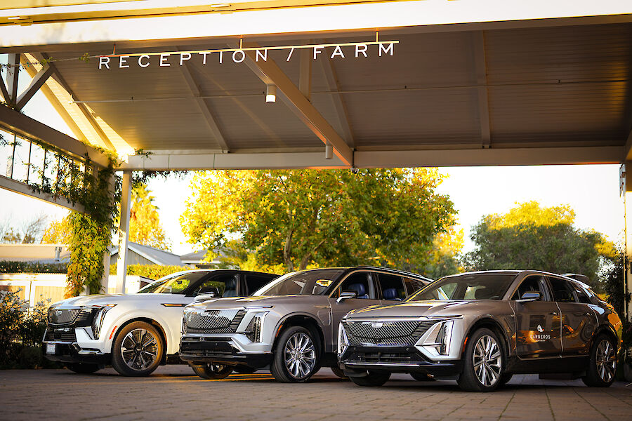 Three sleek, modern cars are parked under a covered area labeled 