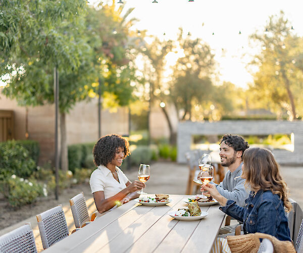 Four people are dining outdoors at a long table, enjoying drinks and food in a garden setting.