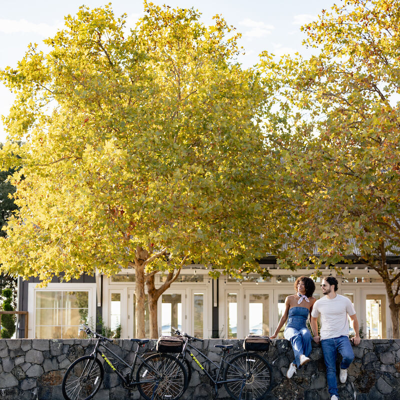 A scenic view of two people and two bicycles by a stone wall, with trees and a building in the background under a blue, partly cloudy sky.