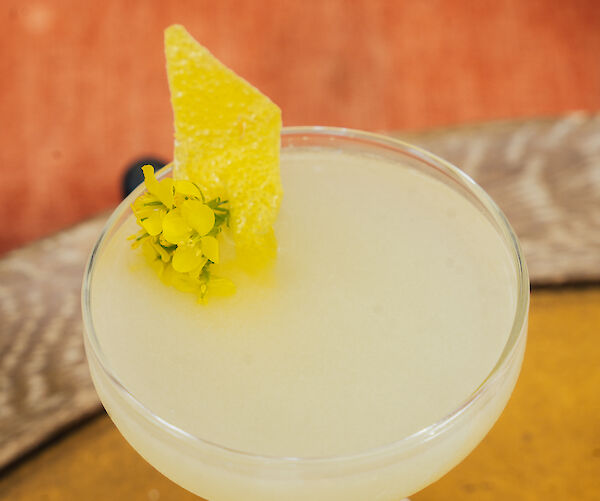 A cocktail in a coupe glass garnished with a pineapple slice and green herb.