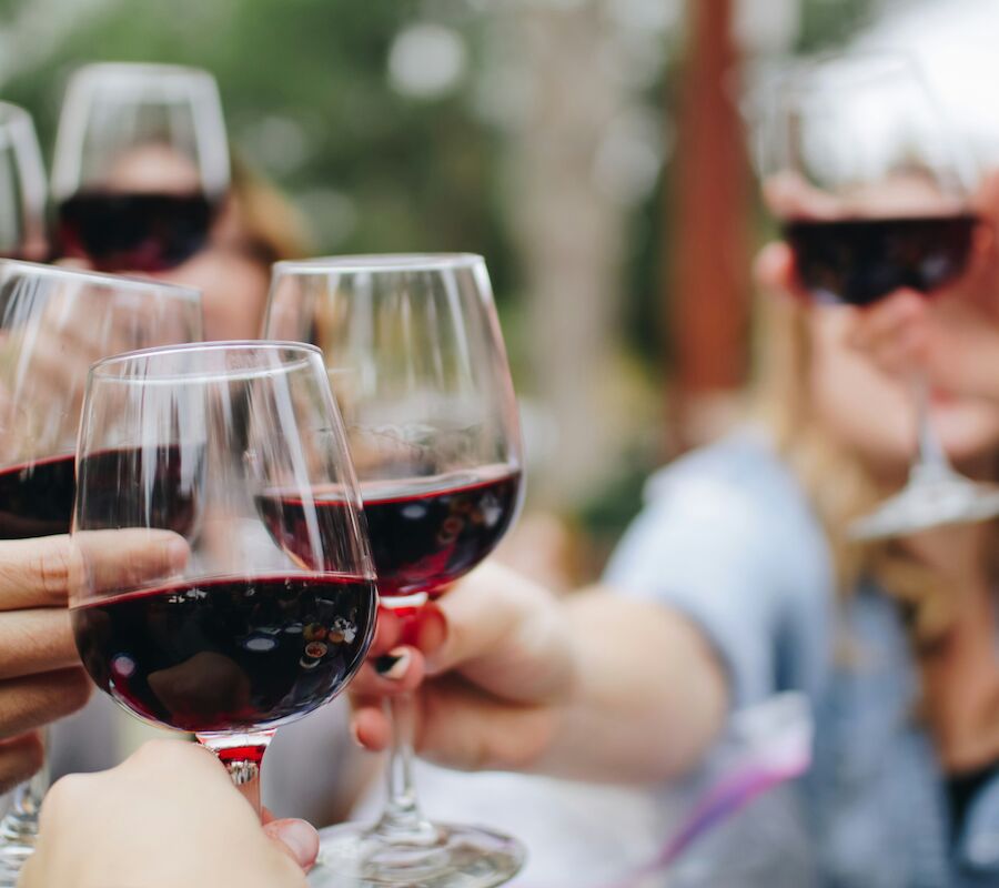 People are raising glasses of red wine in a toast, suggesting a celebration or gathering outdoors.
